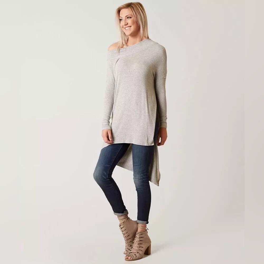 FREE PEOPLE Grapevine Tunic Split Side Long Sleeve Ribbed Knit Top Grey Size M